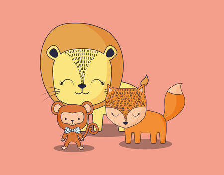 cute lion with monkey and fox over orange background, colorful design. vector illustrationのイラスト素材