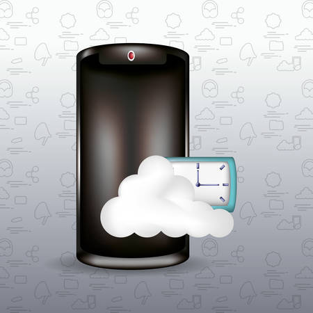 smartphone with cloud storage and clock over gray background, colorful design. vector illustrationのイラスト素材