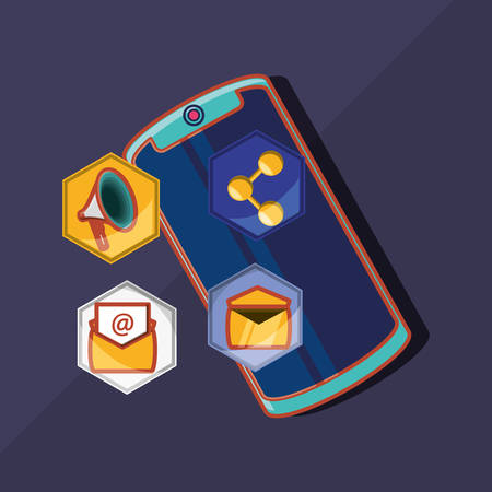 smartphone with social media related icons over blue  background, colorful design. vector illustrationのイラスト素材
