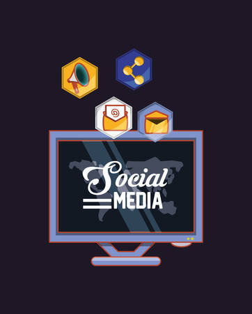 social media design with computer and related icons around over black background, colorful design. vector illustrationのイラスト素材