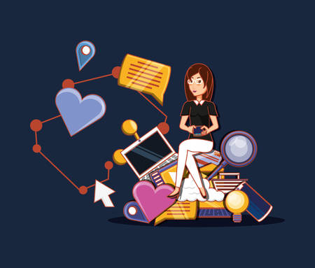 cartoon woman with social media related icons over blue background, colorful design. vector illustrationのイラスト素材