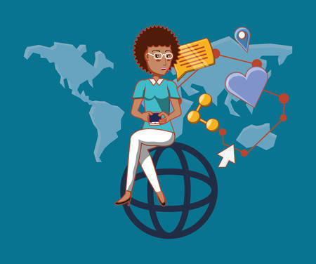cartoon woman sitting on global sphere with social media related icons over blue background, colorful design. vector illustrationのイラスト素材