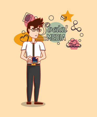 cartoon businessman standing with social media related icons over orange background, colorful design. vector illustrationのイラスト素材