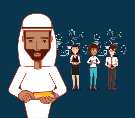 arabic man and people standing over social media related icons over blue background, colorful design. vector illustrationのイラスト素材