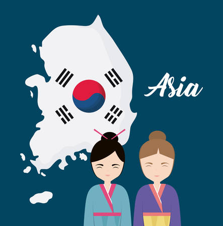 south korean map and korean girls with traditional costume over blue background, colorful design. vector illustrationのイラスト素材