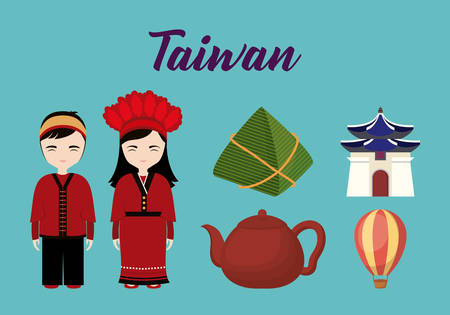 icon set of taiwanese people and traditional objects over blue background, colorful design. vector illustrationのイラスト素材