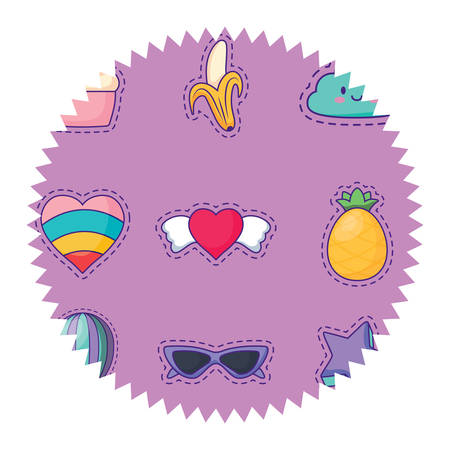 seal stamp with fruits and hearts pattern over white background, colorful design. vector illustrationのイラスト素材