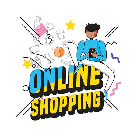 character man with shopping online icons vector illustration designのイラスト素材