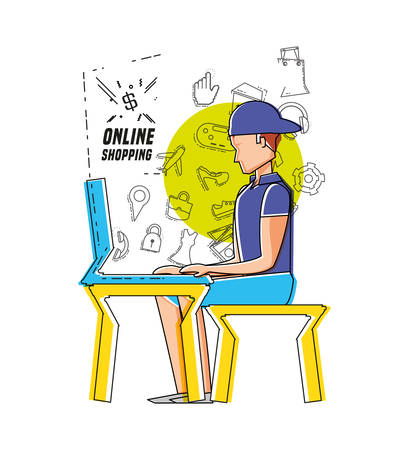 character man with shopping online icons vector illustration designのイラスト素材