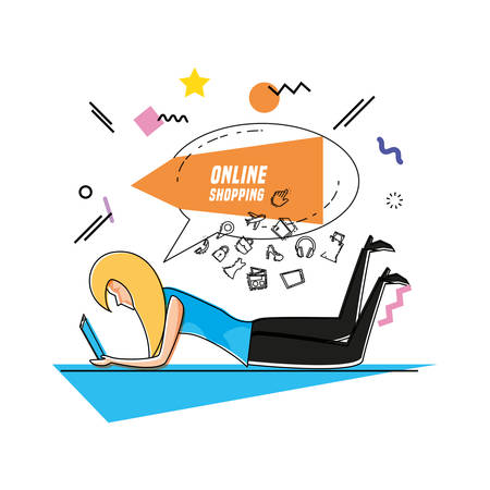 character woman with shopping online icons vector illustration designのイラスト素材