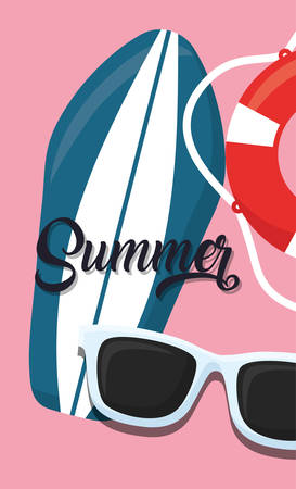 summer vacations design with surfboard and sunglasses over pink background, colorful design. vector illustrationのイラスト素材