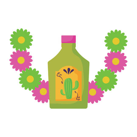 decorative wreath of flowers with tequila bottle icon over white background, vector illustrationのイラスト素材
