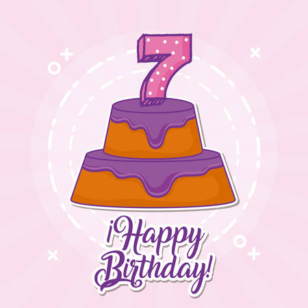 Happy birthday design with birthday cake with 7 number candle over pink background, colorful design. vector illustrationのイラスト素材