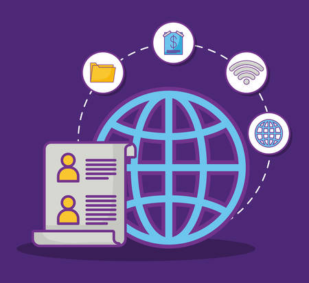 global sphere and document with online marketing related icons over purple background, colorful design. vector illustrationのイラスト素材