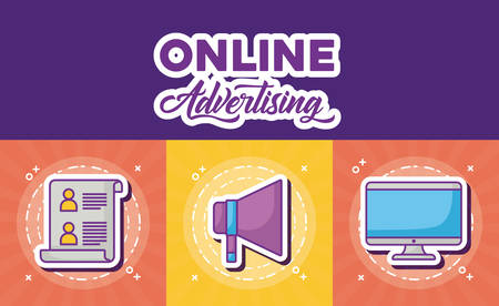 Online advertising design with related icons over colorful squares, vector illustrationのイラスト素材