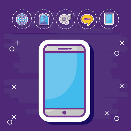 smartphone with online marketing related icons over purple background, colorful design. vector illustration