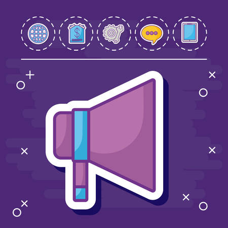 megaphone with online marketing related icons over purple background, colorful design. vector illustrationのイラスト素材