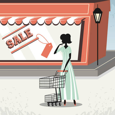 woman silhouette in shopping day style retroのイラスト素材