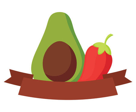 decorative ribbon with avocado and chili pepper over white background, vector illustrationのイラスト素材