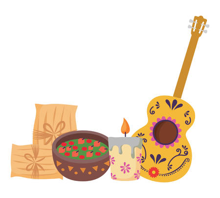 Mexican tamales with candles and guitar over white background, vector illustrationのイラスト素材