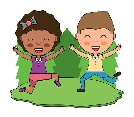 cartoon happy kids playing in the grass over white background, colorful design. vector illustrationのイラスト素材