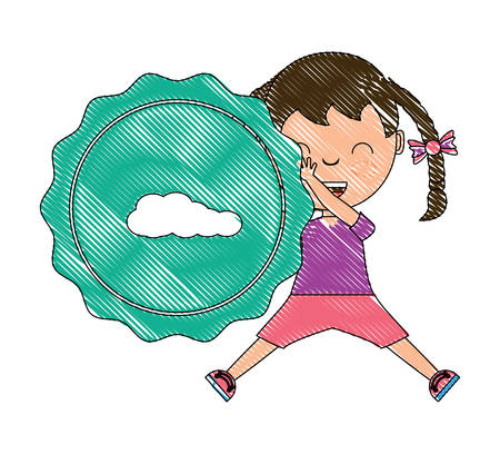 cute girl with decorative seal stamp with cloud icon over white background, colorful design. vector illustrationのイラスト素材