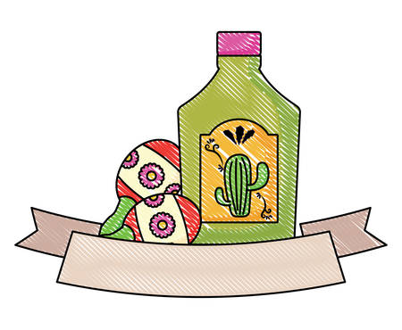 decorative ribbon with tequila bottle and maracas over white background, vector illustrationのイラスト素材