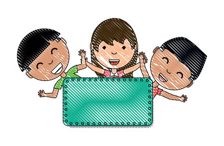 cartoon happy kids with decorative empty banner over white background, colorful design. vector illustrationのイラスト素材