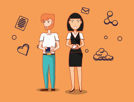 cartoon woman and man with social media related icons over orange background, colorful design. vector illustrationのイラスト素材