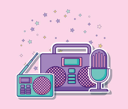 boombox stereo and related icons over pink background, vector illustrationのイラスト素材