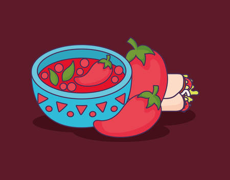 mexican burrito and spicy sauce bowl over red background, colorful design. vector illustrationのイラスト素材