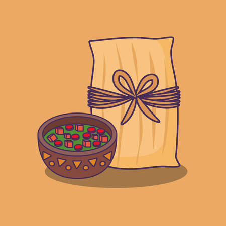 Mexican tamales and sauce bowl over brown background, colorful design. vector illustrationのイラスト素材