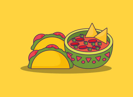mexican tacos and sauce bowl  over yellow background, colorful design. vector illustrationのイラスト素材