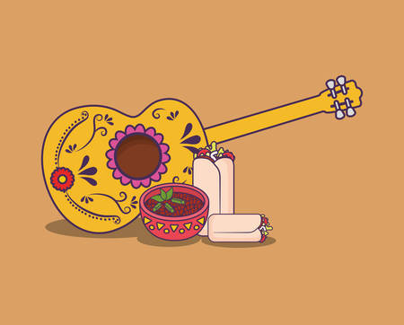 mexican culture design with guitar and mexican food over orange  background, colorful design. vector illustrationのイラスト素材