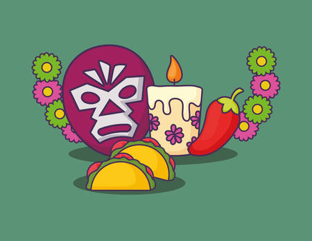 decorative wreath of flowers with wrestler mask and tacos over green background, colorful design. vector illustrationのイラスト素材