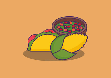 mexican sauce bowl and corns over orange background, colorful design. vector illustrationのイラスト素材