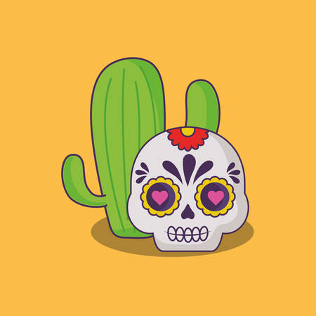 sugar skull and cactus plant over yellow background, colorful design. vector illustrationのイラスト素材