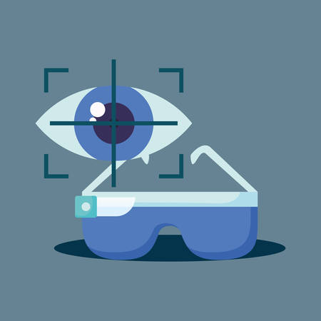 Virtual reality design with vr glasses and eye focus symbol over blue background, colorful design. vector illustrationのイラスト素材