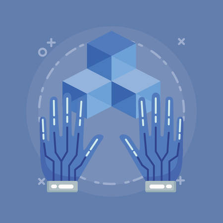 virtual reality design with wired gloves and 3d model symbol over blue background, colorful design. vector illustrationのイラスト素材