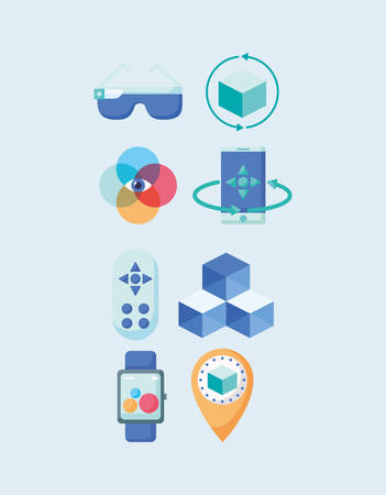 icon set of virtual reality concept over blue background, colorful design, vector illustrationのイラスト素材