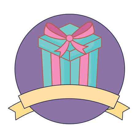 emblem with gift box icon and decorative ribbon over white background, colorful design.  vector illustrationのイラスト素材