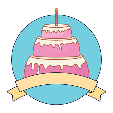 emblem with birthday cake and decorative ribbon over white background, colorful design. vector illustrationのイラスト素材