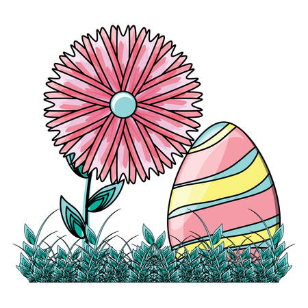 easter egg in the grass with a beautiful flowers over white background, vector illustrationのイラスト素材