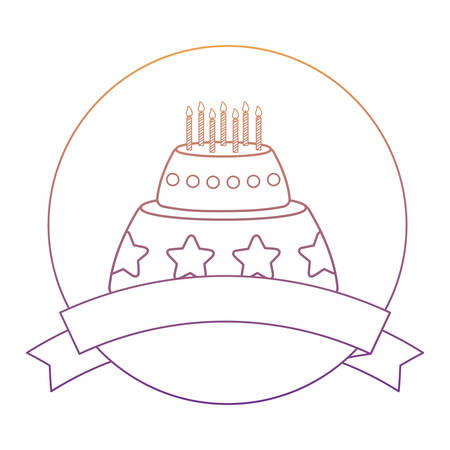 emblem with decorative ribbon and birthday cake with candles over white background, colorful design. vector illustrationのイラスト素材
