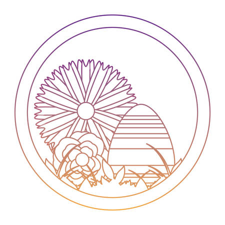 decorative circular frame with easter eggs and beautiful flowers  over white background, vector illustrationのイラスト素材