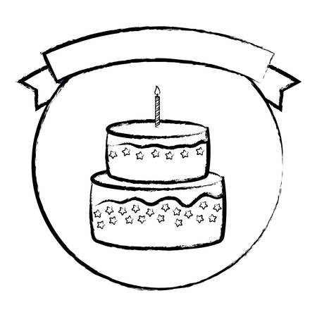 sketch of emblem with decorative ribbon and birthday cake with candles  over white background, vector illustrationのイラスト素材