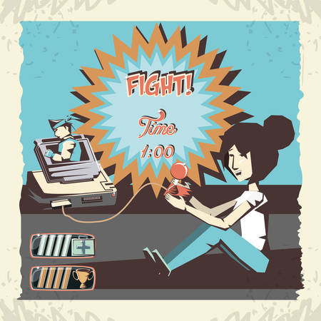 woman playing video game retro vector illustration designのイラスト素材
