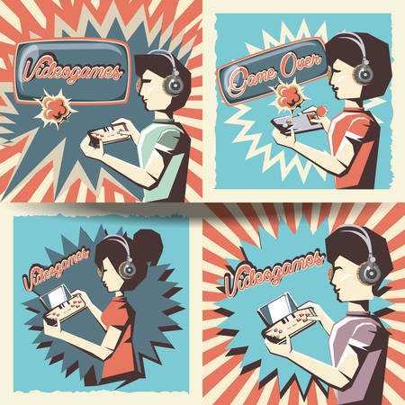 people playing video game retro vector illustration designのイラスト素材