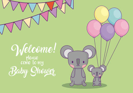 Baby shower invitation card with cute koalas with balloons over green background, colorful design. vector illustrationのイラスト素材