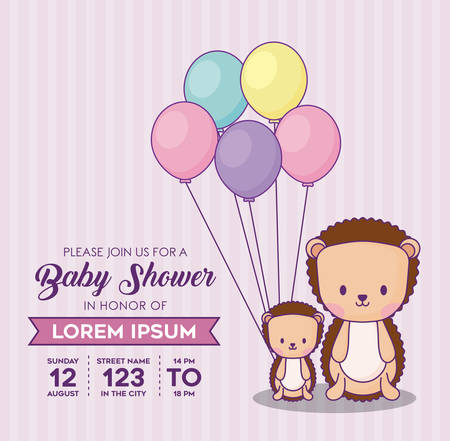 baby shower invitation template with decorative pennants and cute porcupines with balloons over pink background, colorful design. vector illustrationのイラスト素材